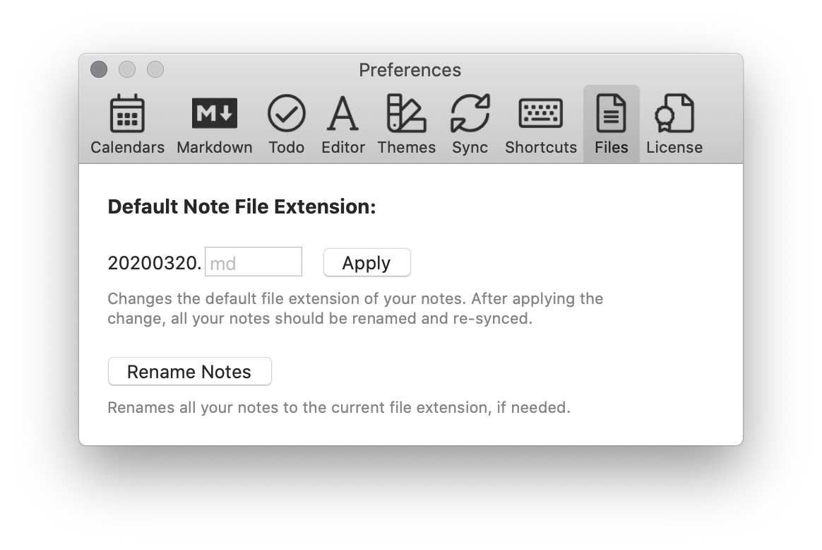 The preferences pane to change file extensions in NotePlan